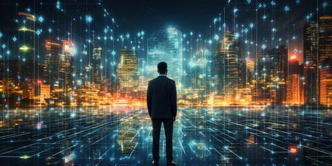 Global Businessman Generating Wireframe Network Connection - Digital Marketing Strategy