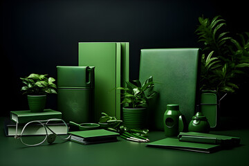 Green  monochrome desk with stationery and plants  , generative AI
