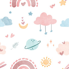 Seamless pattern boho rainbow and cute elements. Watercolor Illustration