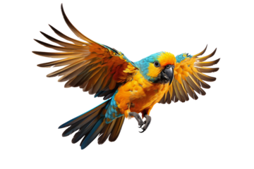 Beautifully yellow and blue parrot macaw bird isolated on a transparent background