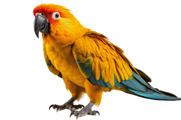 Beautifully yellow and blue parrot macaw bird isolated on a transparent background