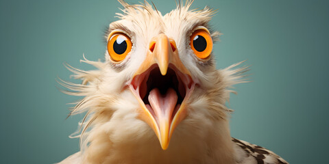 funny studio portrait of surprised eagle isolated on blue background - obrazy, fototapety, plakaty