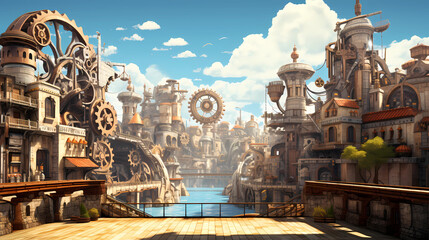 A city inspired by steampunk aesthetics