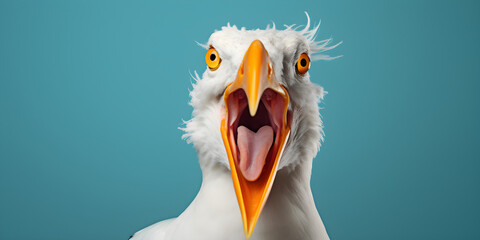 funny studio portrait of eagle isolated on blue background