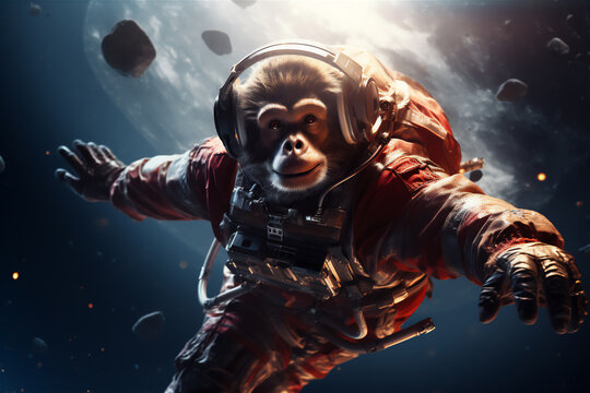 a monkey in an astronaut suit floating in space, full face covered helmet, with a spaceship in the background , hyper realistic photo, dramatic light and shadow,