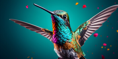 Obraz premium close up studio shot of hummingbird in flight isolated on blue colour background