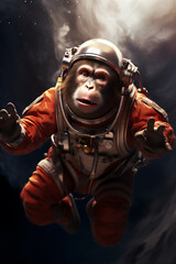 a monkey in an astronaut suit floating in space, full face covered helmet, with a spaceship in the background , hyper realistic photo, dramatic light and shadow,