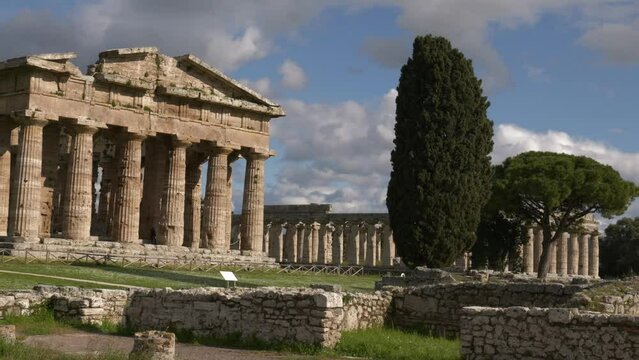 First and Second Temples of Hera (Paestum). The second temple is also known as the Temple of Neptune or of Poseidon erroneously. Located in Paestum, southern Italy (pan move).