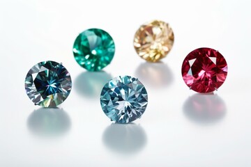Six vivid, colorful round diamonds showcased in side view on a white background. Generative AI