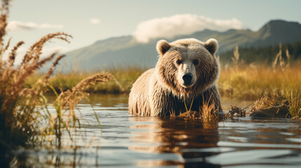A bear in a landscape stands in the water - obrazy, fototapety, plakaty