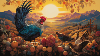 Illustration of a rooster with two other birds standing on fruits - obrazy, fototapety, plakaty