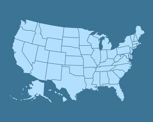 The USA map design with blue color. States map illustration.