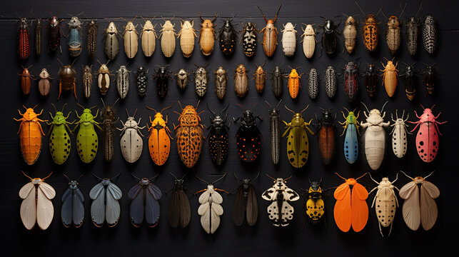 Many different insects from above isolated black background