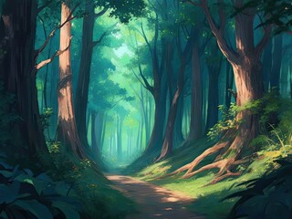 Green summer forest in anime style