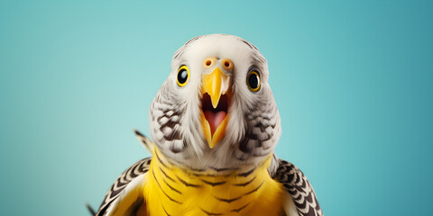 funny studio portrait of budgie bird isolated on blue background