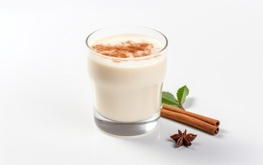 Old fashioned glass of homemade eggnog with spices isolated on a white background. AI Generative
