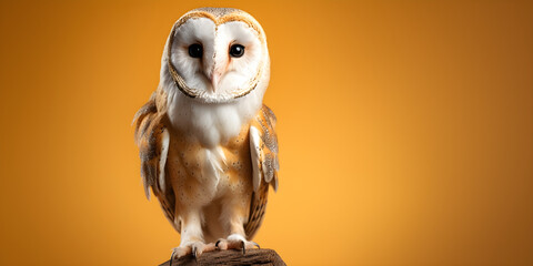 colourful studio portrait of an owl isolated on yellow background with copy space