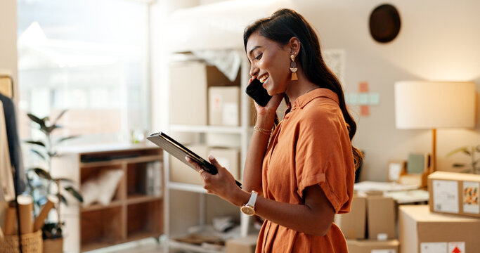 Woman, phone call and tablet for logistics, startup inventory and e commerce or small business package, boxes or courier. Fashion designer or seller talking on mobile and digital technology for order