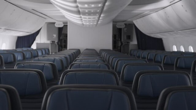 Empty 787 commercial airplane cabin interior with blue leather seats