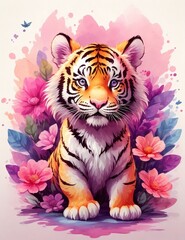 Illustration of a cute tiger cub with flowers, splash, print, t-shirt design.