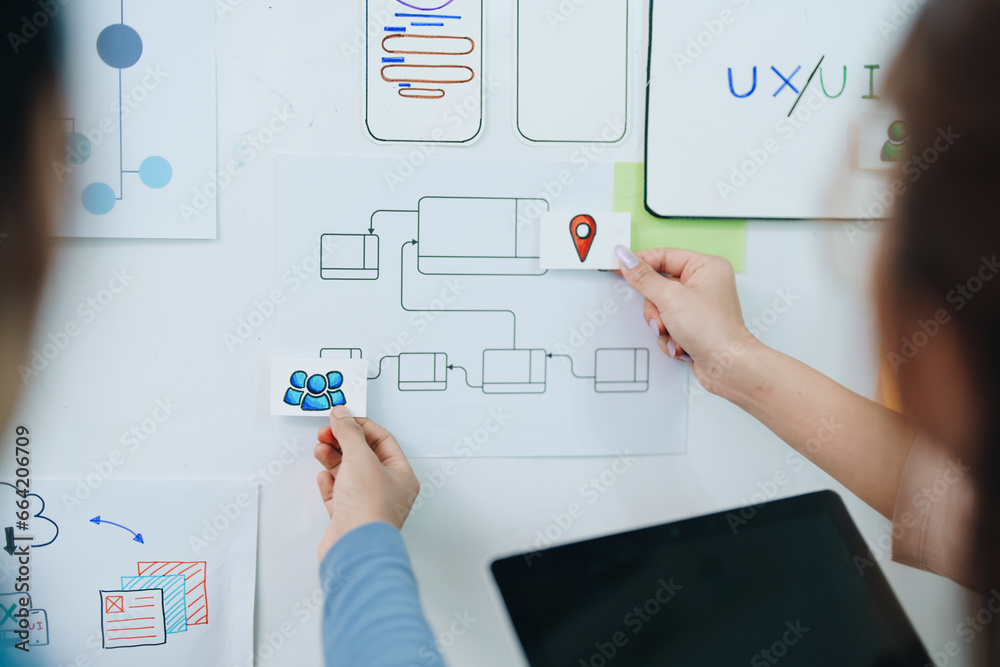 Wall mural team of creative web, graphic designer planning for mobile phone, drawing website ux ui app for mobi