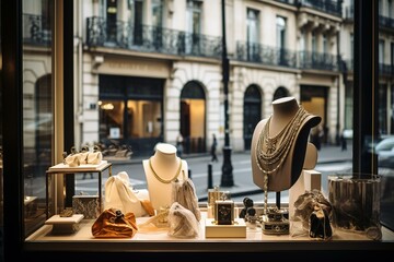 Elegant store in Paris showcasing fashion accessories through a boutique window. Generative AI