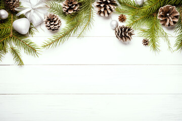 Fototapeta na wymiar Christmas decoration composition on wooden white background with fir branches, pine cones, top view, copy space, banner format