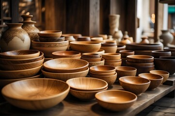 Wooden bowls in a variety of shape and sizes displayted in traditional market