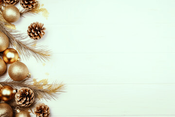 Christmas decoration composition on wooden white background with fir branches, pine cones, top view, copy space, banner format