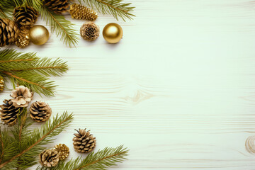 Christmas decoration composition on wooden white background with fir branches, pine cones, top view, copy space, banner format