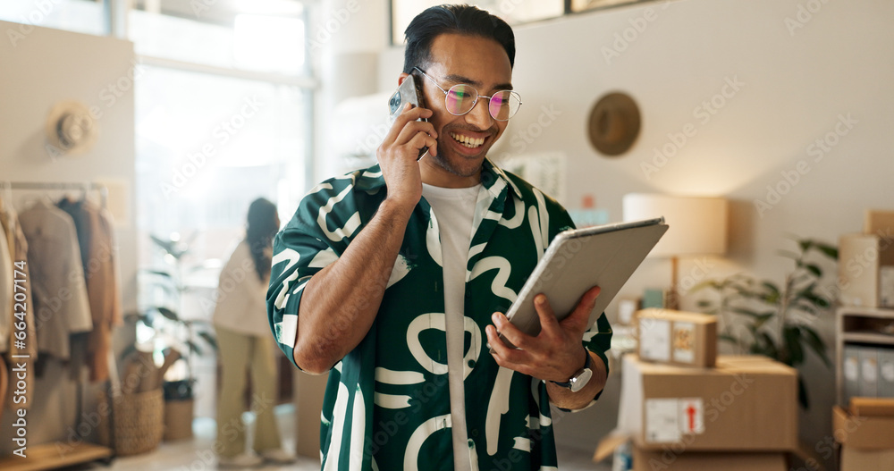 Aufkleber phone call, retail and a man with a tablet for an order, stock communication or reading email. ecomm