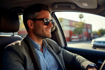 A handsome and serious male driver in a car