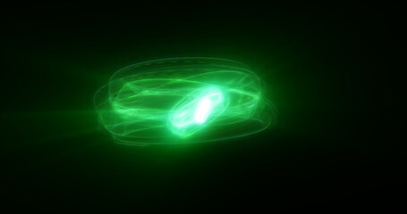 Abstract green rings spheres from energy magic waves of smoke circles and glowing lines on a black background