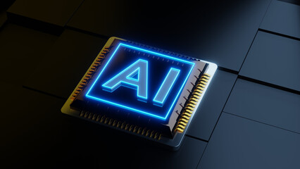 Computer chip with sigh in neon light 3d render