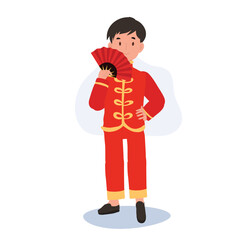  Smiling Child in Chinese Traditional Costume with Fan