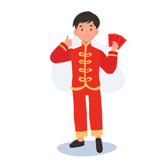 Happy Asian Kid Celebrating Lunar New Year in Traditional Chinese Clothing. Chinese Little Kid in Traditional Costume with Red Envelope Doing Thumb Up