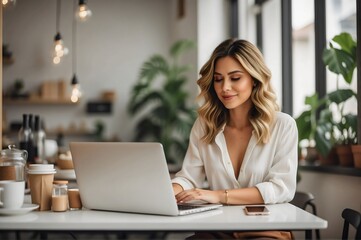 Fototapeta premium beautiful woman using a laptop Managing a coffee shop 