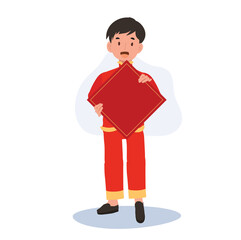 Happy Smiling cute little Child in Chinese Oriental Dress with square Red Paper.