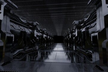 Black corridor with sci fi elements 3d render