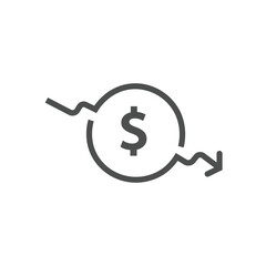Dollar rate decrease vector line icon. Money symbol with down arrow. lower cost icon. Business loss crisis decline vector illustration. Editable stroke