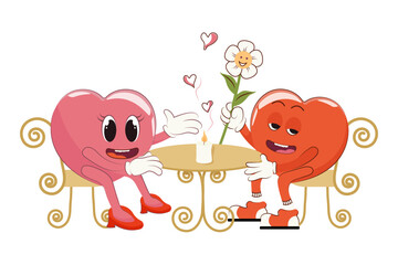 Retro Happy Valentine's Day. Together at a table in a cafe. Happy characters in love. Retro characters.