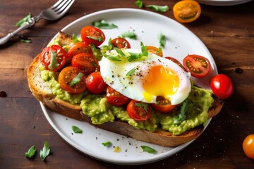 Avocado toast with eggs and roasted tomatoes.