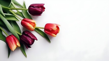 Set of purple and red color tulip flowers isolated on left top corner of transparent background. flat lay.