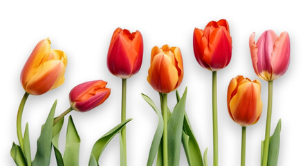 Set of  orange color tulip flowers isolated on transparent background. flat lay. - obrazy, fototapety, plakaty