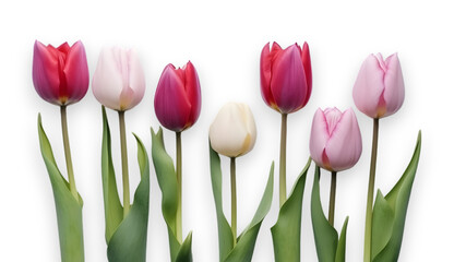 Set of  pale pink and purple color tulip flowers isolated on transparent background. flat lay.