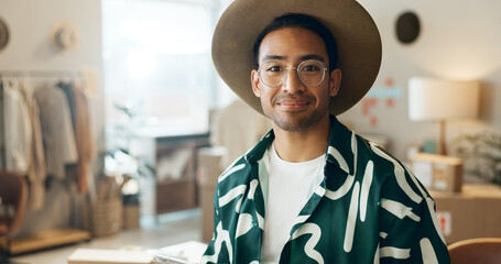 Happy, fashion and portrait of a man in retail for store management, ecommerce or designer work....