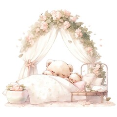 Fototapeta na wymiar A sleepy baby bear in a bedding. watercolor illustration.