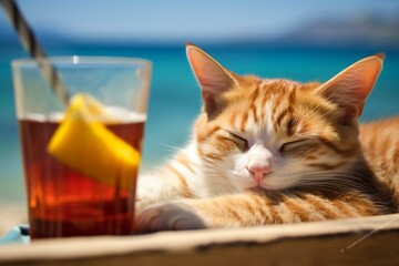 Adorable cat napping on beach, enjoying a drink. Perfect summer getaway by the shore. Generative AI