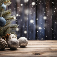 decorated pine tree and christmas balls with snow on the wodden table, AI generated