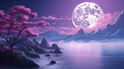 Lo-fi vaporwave aesthetic wallpaper, peaceful nature landscape with mountains at night in nostalgic pastel purple colors